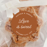 Terracotta Rust Love Is Sweet Wedding Favors Classic Round Sticker<br><div class="desc">Terracotta Rust Love Is Sweet Wedding Favors Stickers</div>