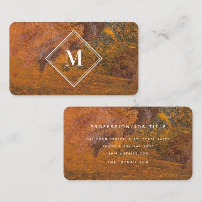 Terracotta Rust Metallic Texture Monogram Initial Business Card (Front/Back)