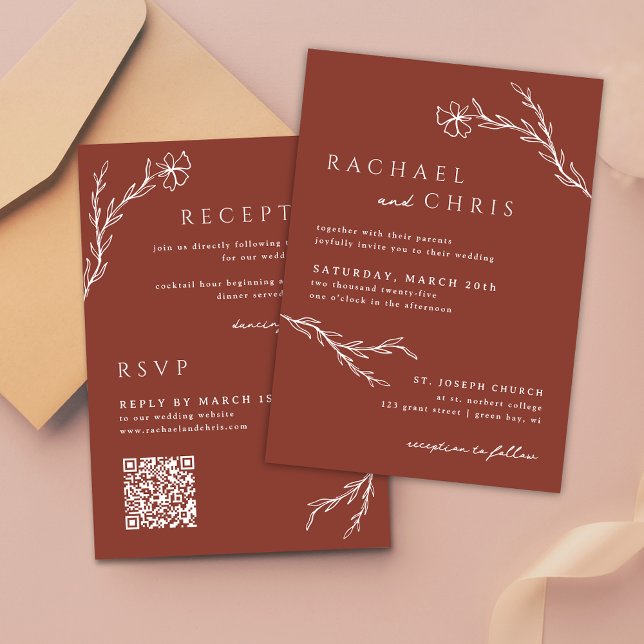 Terracotta Rust Minimalis Floral Botanical QR Code Invitation (Creator Uploaded)
