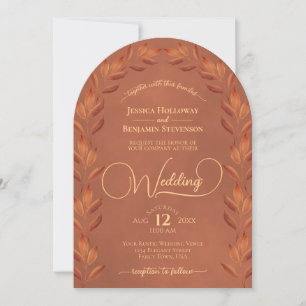 Terracotta Rust Orange Leaves Elegant Arch Wedding Invitation
