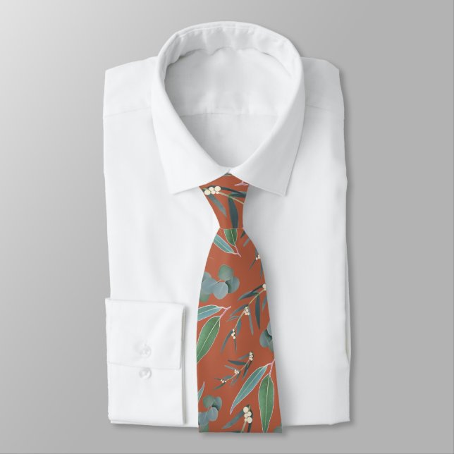 Terracotta Rust Sage Eucalyptus Greenery Pattern Neck Tie (Tied)