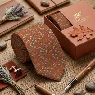 Terracotta Rust Sage Green Eucalyptus Botanical Neck Tie
