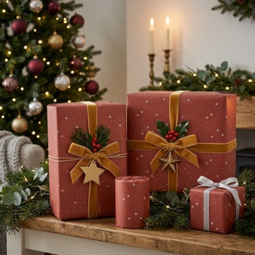 Terracotta Rust Silver Starry Night Minimalist Gif Wrapping Paper