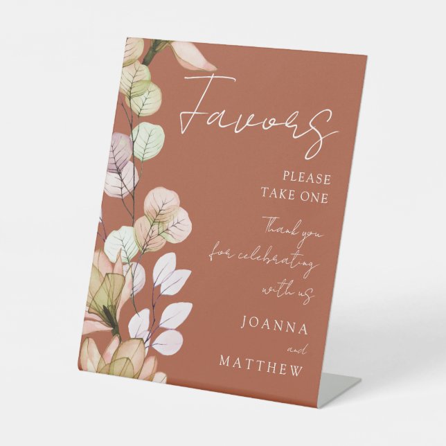Terracotta Rustic Boho Transparent Floral Favors Pedestal Sign (Front)