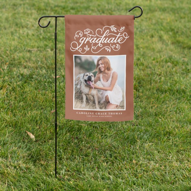 Terracotta Rustic Calligraphy Graduation Photo  Garden Flag (In SItu)