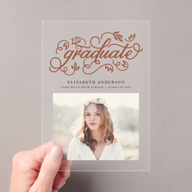 Terracotta Rustic Calligraphy Photo Graduation Acrylic Invitations (Insitu (Handheld))