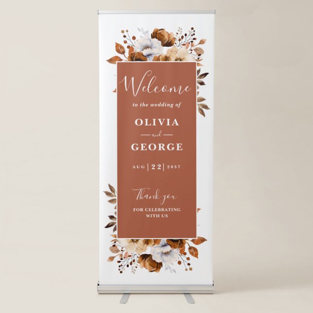 Terracotta Rustic Country Floral Wedding Welcome Retractable Banner (Front)