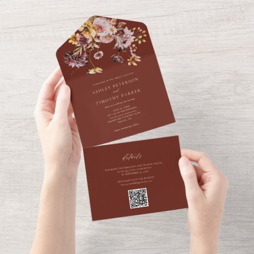 Terracotta Rustic Fall Floral Wedding QR All In One Invitation