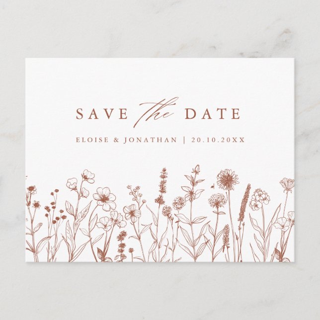 Terracotta Rustic Fall Wildflower Save the Date Postcard (Front)