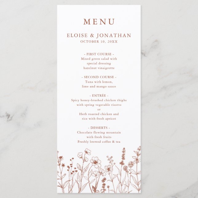 Terracotta Rustic Floral Fall Wildflower Wedding Menu (Front)