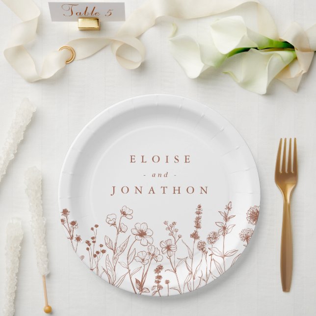 Terracotta Rustic Floral Fall Wildflower Wedding Paper Plates (Wedding)