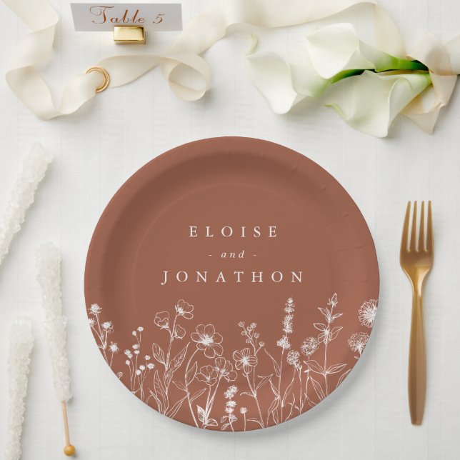 Terracotta Rustic Floral Fall Wildflower Wedding Paper Plates (Wedding)