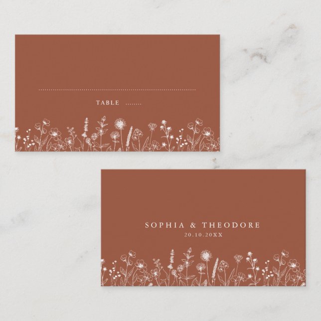 Terracotta Rustic Floral Fall Wildflower Wedding Place Card (Front/Back)