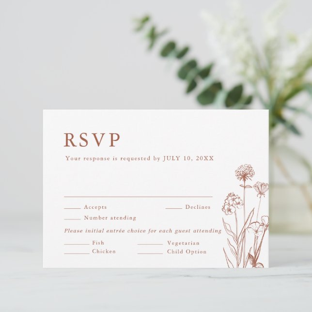 Terracotta Rustic Floral Fall Wildflower Wedding RSVP Card (Standing Front)