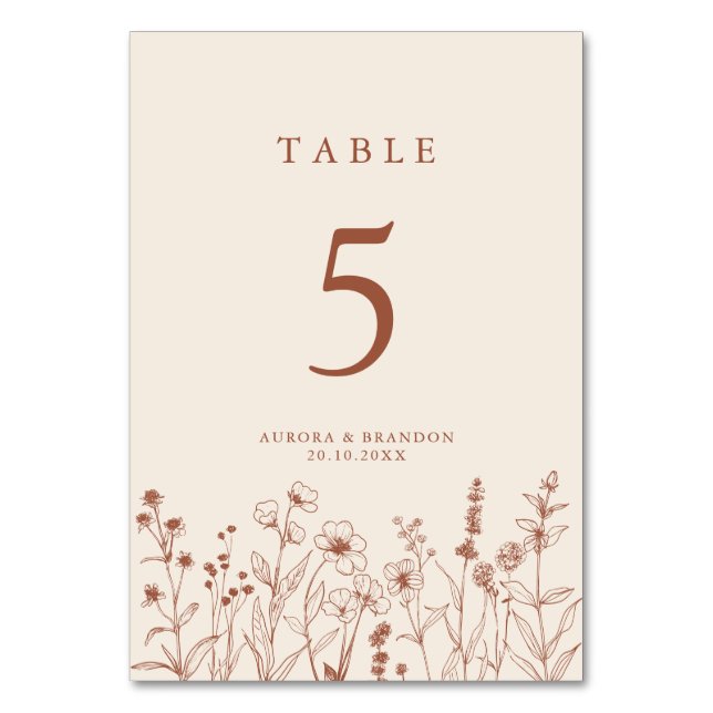 Terracotta Rustic Floral Fall Wildflower Wedding Table Number (Front)
