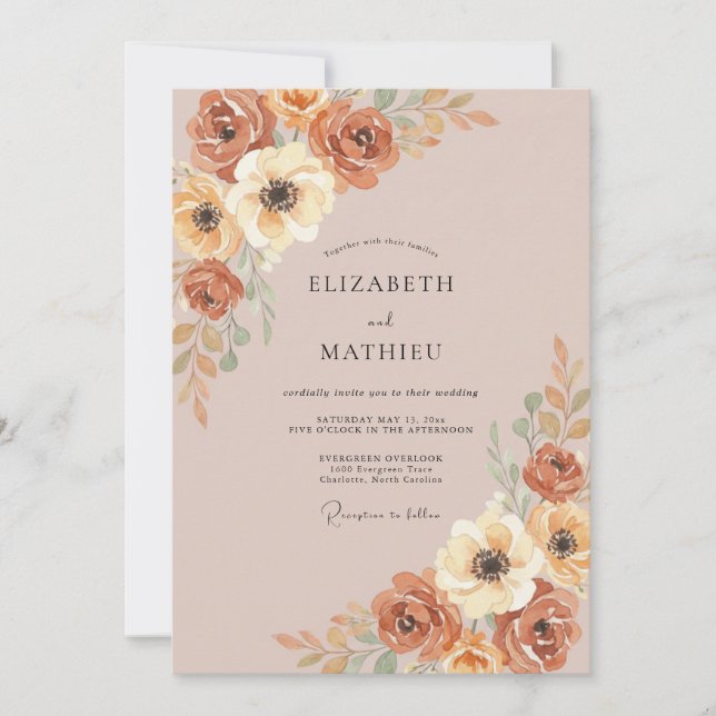 Terracotta Rustic Floral Flourish Wedding Invitation (Front)
