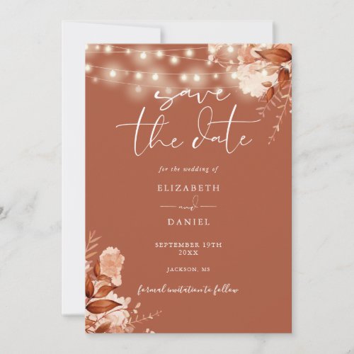 Terracotta Rustic Floral Lights Photo Fall Wedding Save The Date
