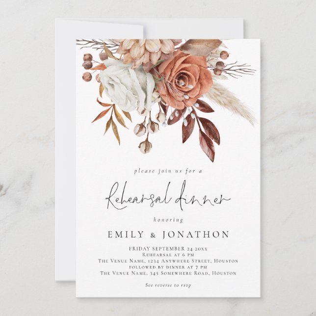 Terracotta Rustic Florals QR Code Rehearsal Dinner Invitation (Front)