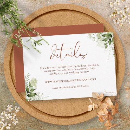 Terracotta Rustic Greenery Leaves Wedding Details Enclosure Card