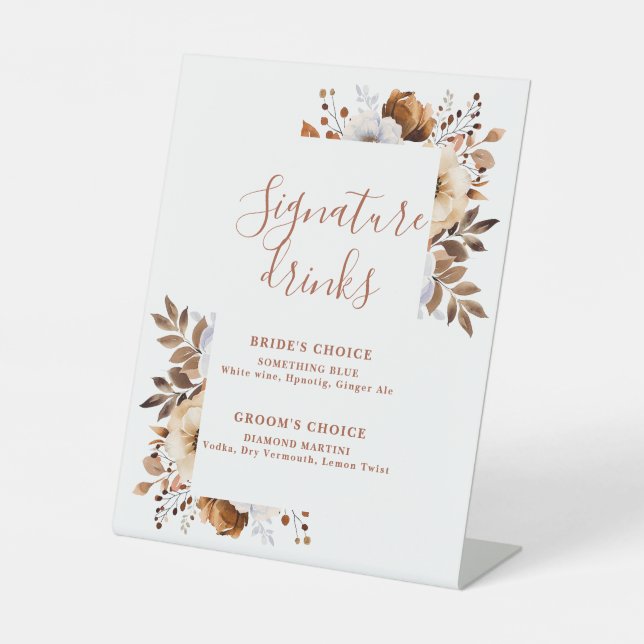 Terracotta Rustic Modern Floral Signature Drinks Pedestal Sign (Front)