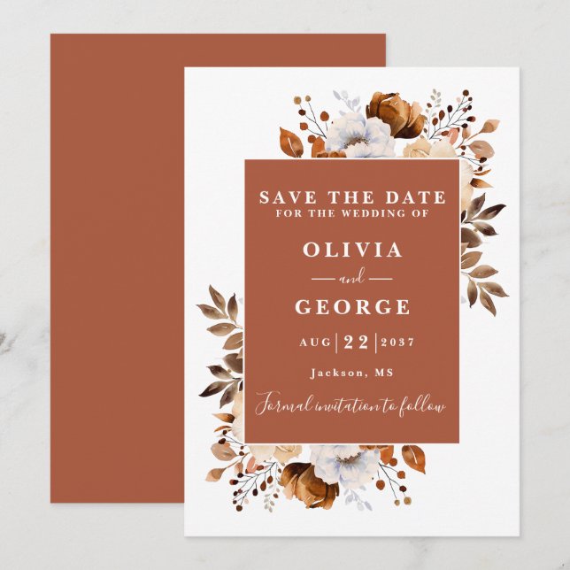 Terracotta Rustic Watercolor Floral Wedding Save The Date (Front/Back)