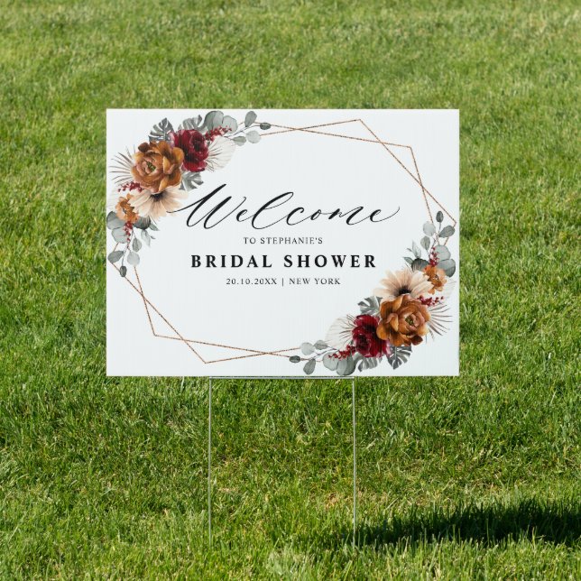 Terracotta Sage Burgundy Bridal Shower Welcome Sign (Insitu)