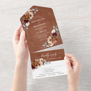 Terracotta Sage Burgundy Floral Geometric Wedding All In One Invitation