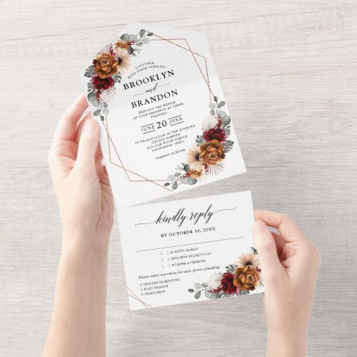 Terracotta Sage Burgundy Floral Geometric Wedding All In One Invitation