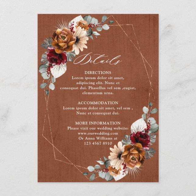 Terracotta Sage Burgundy Floral Geometric Wedding  Enclosure Card (Front)