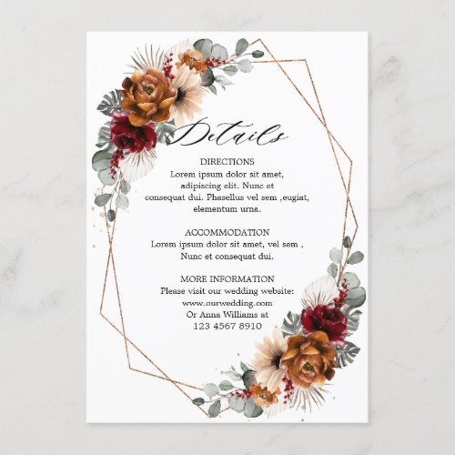 Terracotta Sage Burgundy Floral Geometric Wedding  Enclosure Card