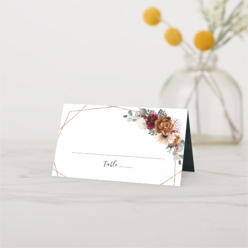 Terracotta Sage Burgundy Floral Geometric Wedding Place Card