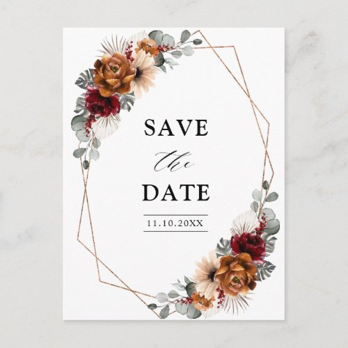 Terracotta Sage Burgundy Floral Geometric Wedding Postcard