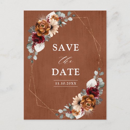 Terracotta Sage Burgundy Floral Geometric Wedding  Postcard