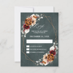 Terracotta Sage Burgundy Floral Geometric Wedding RSVP Card