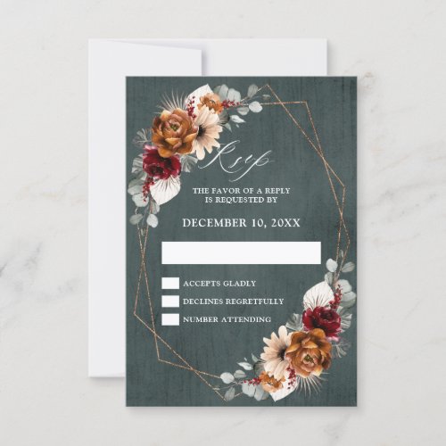 Terracotta Sage Burgundy Floral Geometric Wedding  RSVP Card