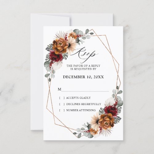 Terracotta Sage Burgundy Floral Geometric Wedding  RSVP Card