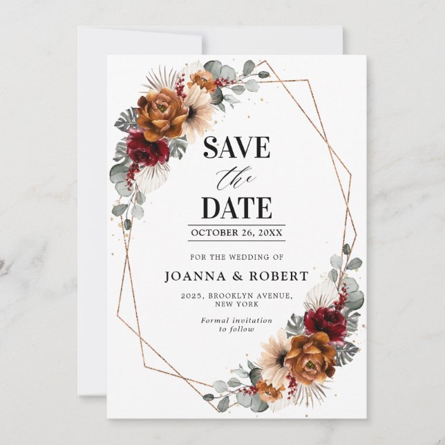 Terracotta Sage Burgundy Floral Geometric Wedding Save The Date (Front)
