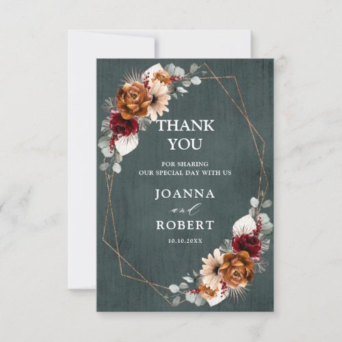 Terracotta Sage Burgundy Floral Geometric Wedding  Thank You Card