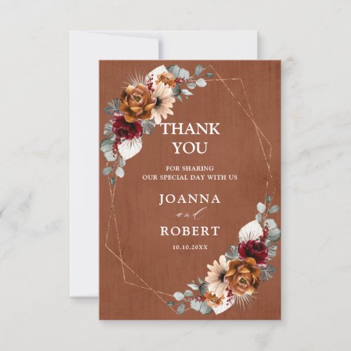 Terracotta Sage Burgundy Floral Geometric Wedding  Thank You Card