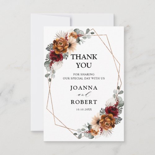 Terracotta Sage Burgundy Floral Geometric Wedding Thank You Card