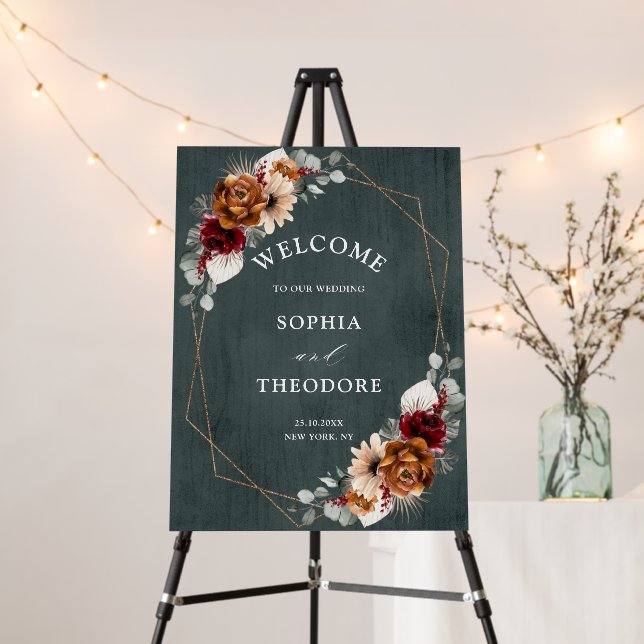 Terracotta Sage Burgundy Geometric Wedding Welcome Foam Board (In Situ (Stand))