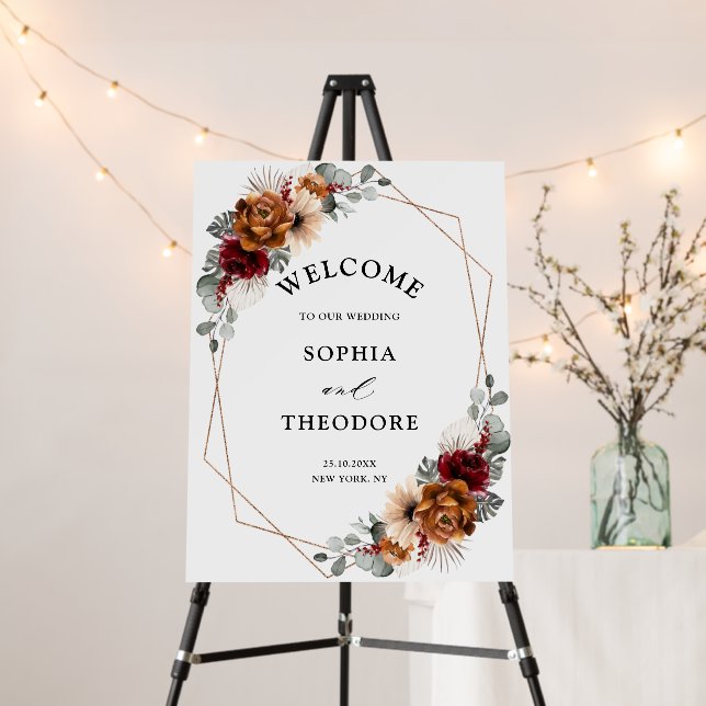 Terracotta Sage Burgundy Geometric Wedding Welcome Foam Board (In Situ (Stand))