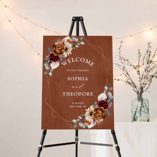 Terracotta Sage Burgundy Geometric Wedding Welcome Foam Board (In Situ (Stand))