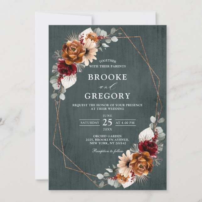Terracotta Sage Burgundy Greenery Geometric Weddin Invitation (Front)