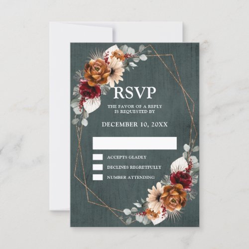 Terracotta Sage Burgundy Greenery Geometric Weddin RSVP Card