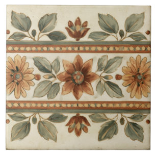 Terracotta Sage Floral Folk Art Ribbon Border Ceramic Tile