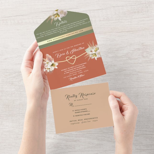 Terracotta Sage Floral Photo Wedding All In One Invitation (Tearaway)