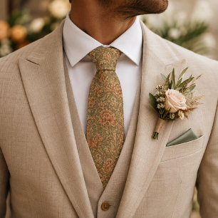 Terracotta & Sage Green Baroque Floral Wedding Neck Tie