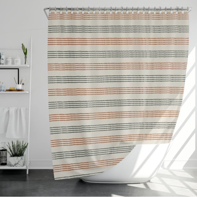 Terracotta Sage Modern Minimalist Stripe Boho  Shower Curtain (Terracotta Sage Modern Minimalist Stripe Boho Shower Curtain)