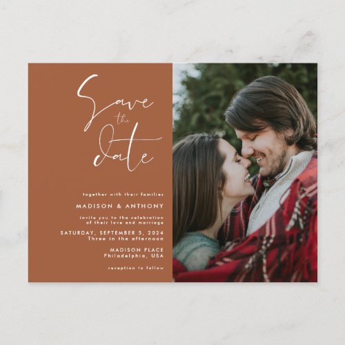 Terracotta Save the Date Minimalist Wedding Photo Invitation Postcard